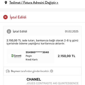 Beymen'den İptal Edilen Ürünün İadesi Gecikti