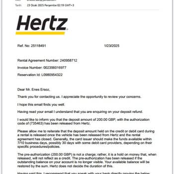 Hertz UK (Oxford) Hasn’t Refunded My £200 Deposit After 20+ Days!