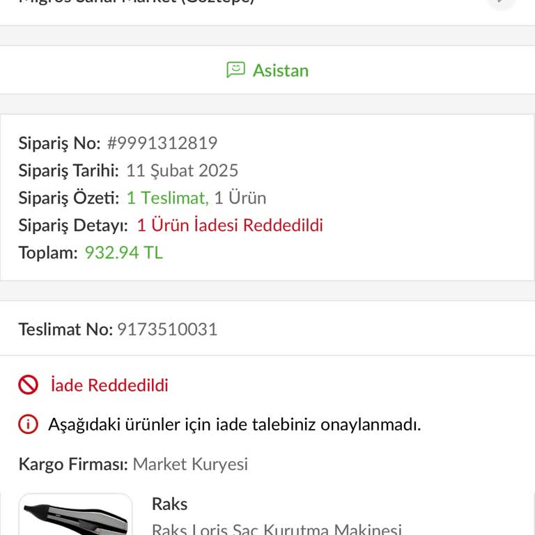 Teslim Edilmeyen Ürün Ve Reddedilen İade Talebi