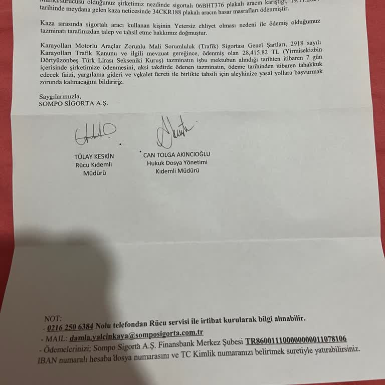 Sigorta Şirketinin Haksız Ödeme Talebi
