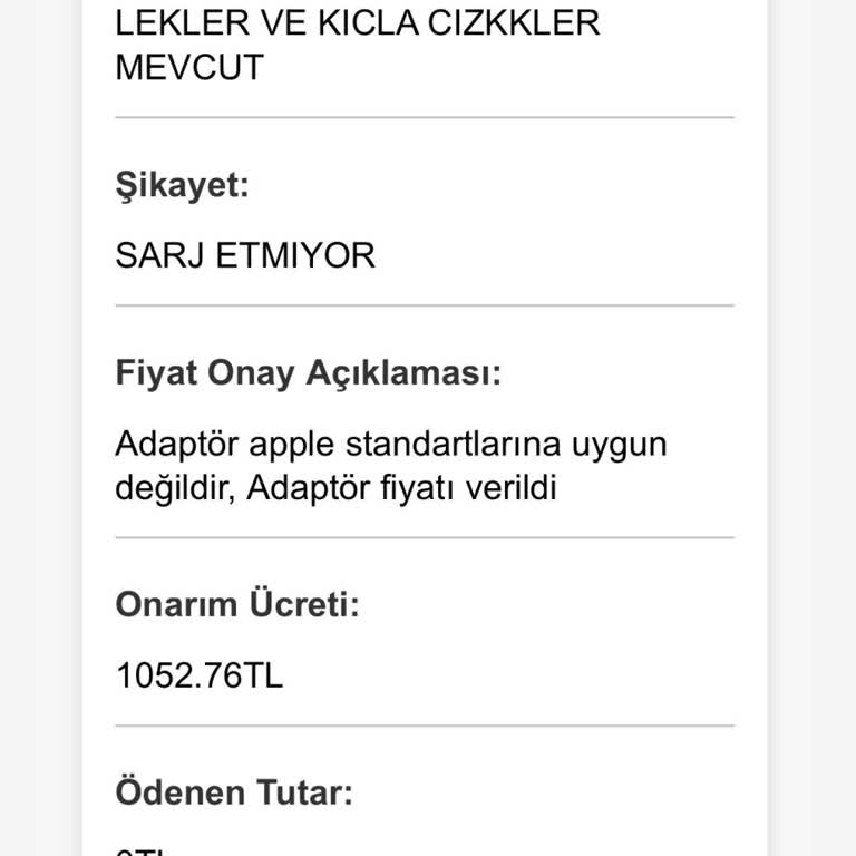 Garanti Kapsamındaki Şarj Adaptörü İçin Yüksek Onarım Ücreti