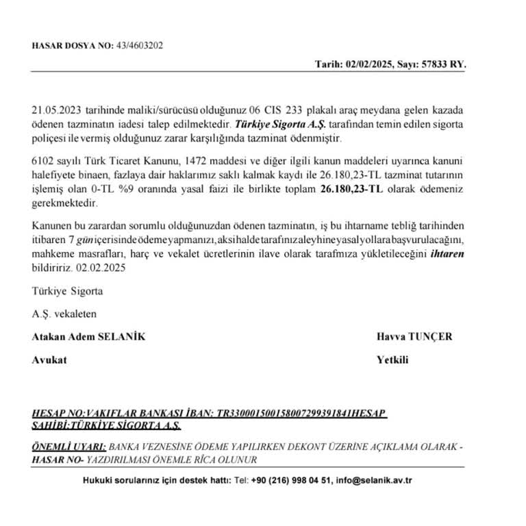 Sigorta Firmasından Şok Edici Ek Ödeme Talebi