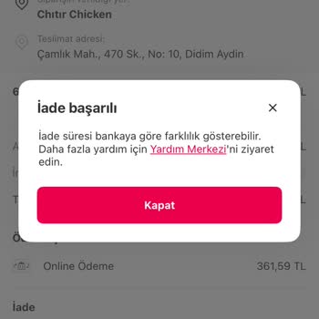 Yemek Siparişi İptali Ve Geri Ödeme Sorunu