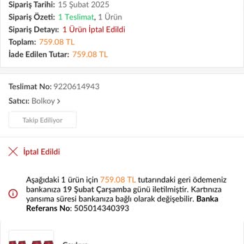 Tedarik Problemi Nedeniyle İptal Edilen Sipariş