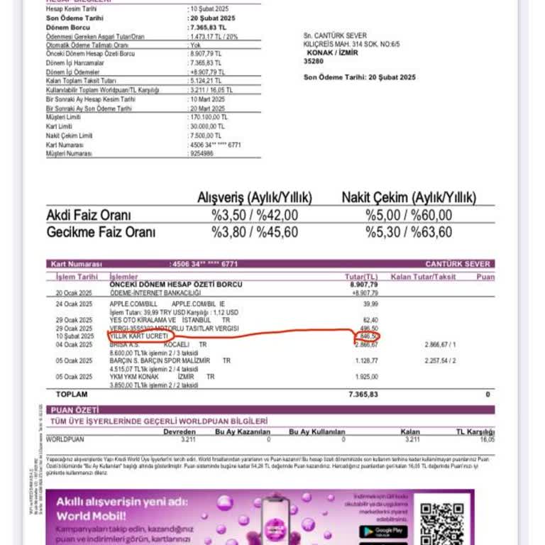 Yapı Kredi Kart Aidatı İptali Talebi