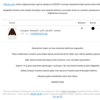 Mango'dan Aldığım Ürün Tükendi Mağduriyeti