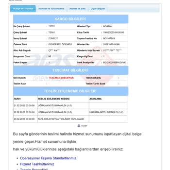 Aras Kargo Zümrütevler Şubesi'nde Teslimat Sorunları Ve Müşteri Hizmetleri Yetersizliği