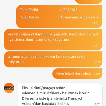 Eksik Ve Lekeli Pijama Takımı Değişim Yerine İade Edildi
