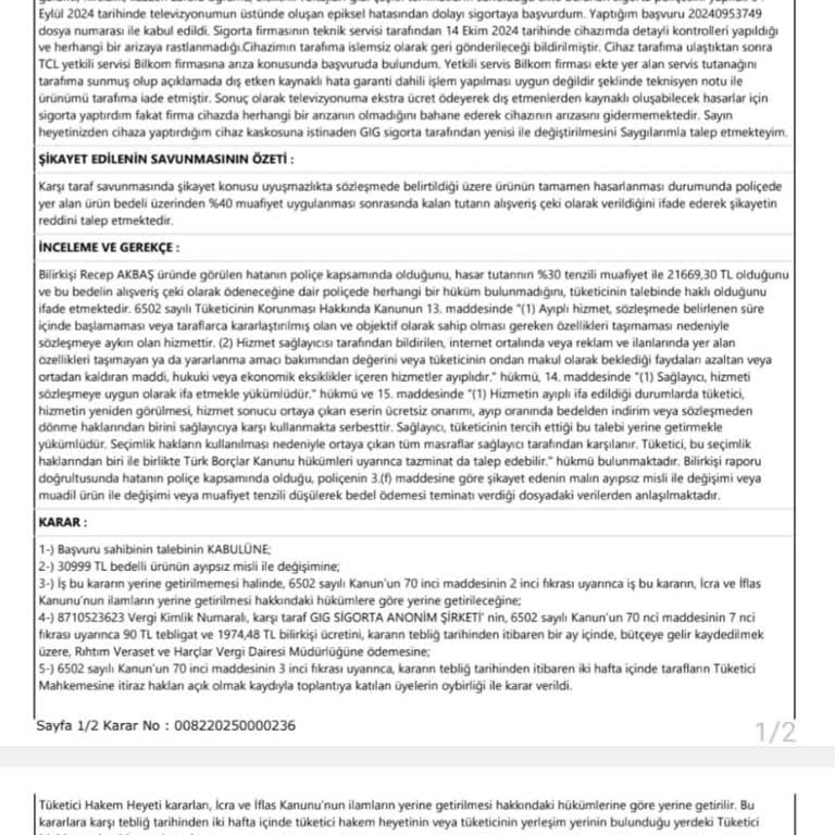 Gig Sigorta İle Televizyonumun Arızası Çözülmedi