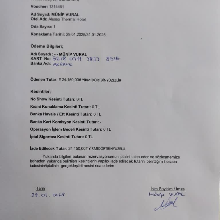 Alusso Termal Otel'de İptal Edilen Rezervasyonun Ücreti İade Edilmiyor