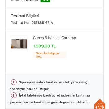 Stok Hatası Nedeniyle İptal Edilen Gardırop Siparişi