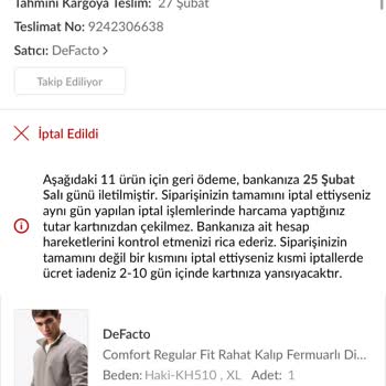 DeFacto Alışverişimde Keyfi Sipariş İptali Sorunu