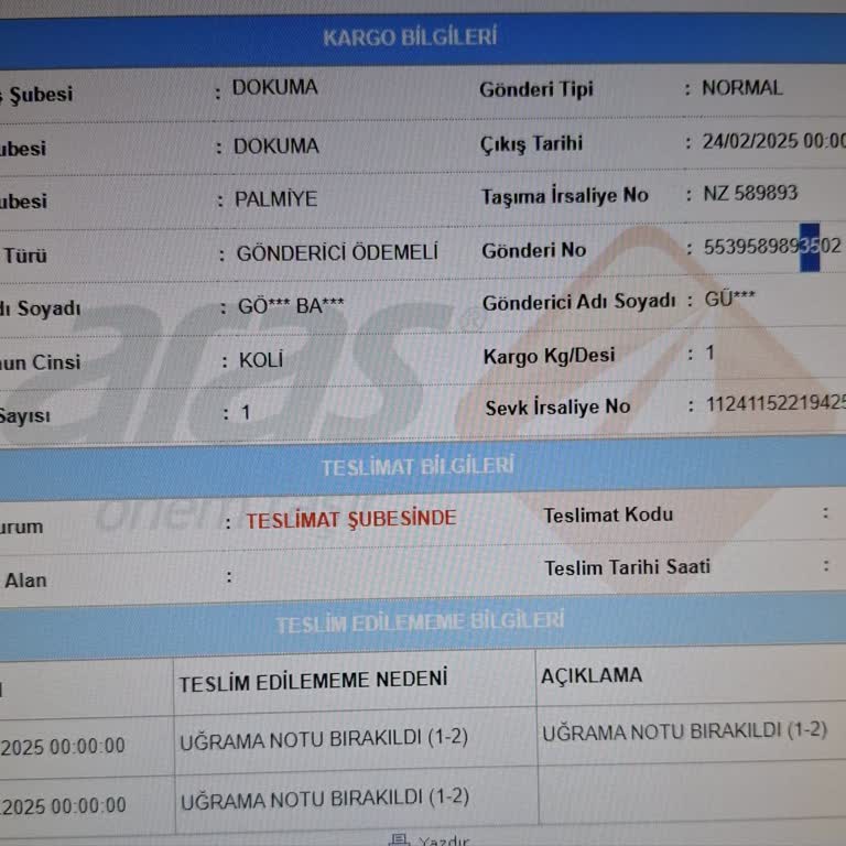 Aras Kargo Gebze Şubesi Teslimat Sorunları