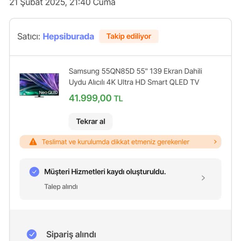 Teslim Edilen TV Siparişi Hala Hazırlanıyor Olarak Görünüyor