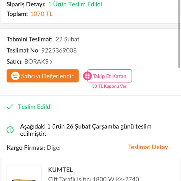 Trendyol Aldığım Isıtıcım 18'inden Beri Kargoda