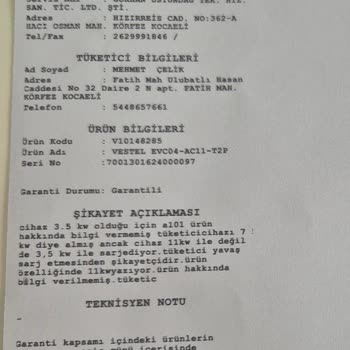 Vestel Araç Şarj İstasyonu İle Yaşanan Sorun Ve İade Süreci