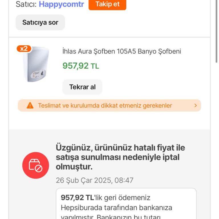 Sipariş İptali Ve Yetersiz Tazminat