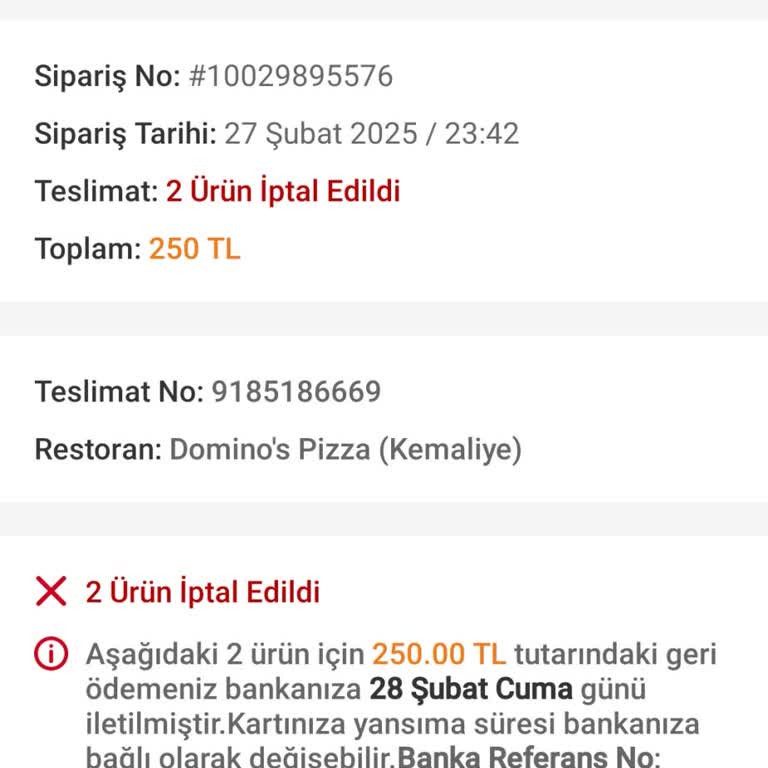 Trendyol GO'da Domino's Pizza Siparişi İptal Sorunu