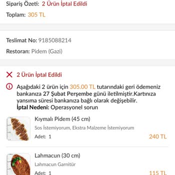 Trendyol GO'da İptal Edilen Sipariş Ve Yetersiz Müşteri Hizmeti