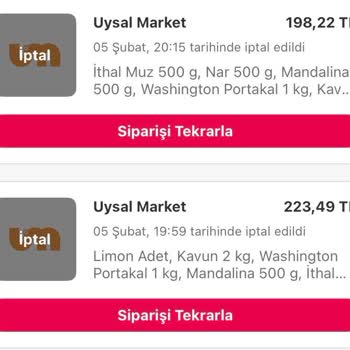Uysal Market Online Marketin Keyfi Sipariş İptalleri