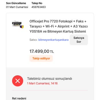 Eksik Mürekkep Gönderimi Ve Olumsuz Talep Değerlendirmesi