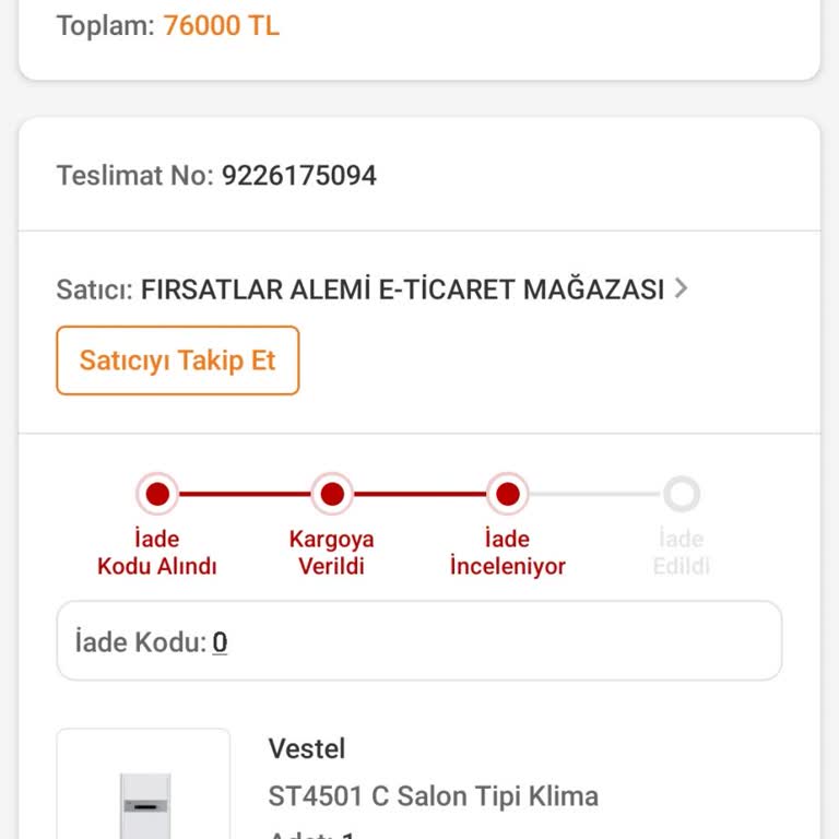 Trendyol'dan Vestel / ST4501 C Klima Siparişimde Büyük Hayal Kırıklığı