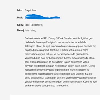 Eğitim İçeriğinin Güncelliği Konusunda Hayal Kırıklığı Ve İade Talebi