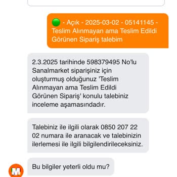 Migros Sanalmarket Sipariş Teslimat Sorunu Ve İade Talebi