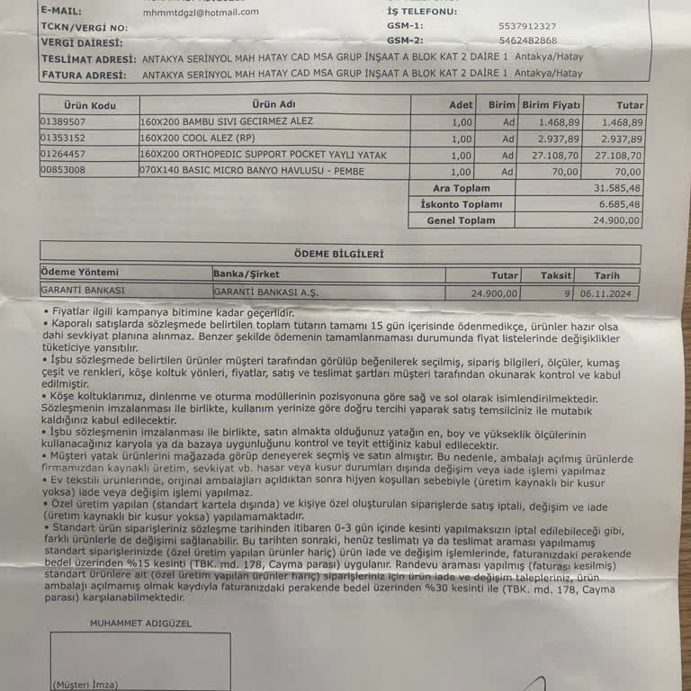 Yataş Şubesinden Teslim Edilmeyen Ortopedik Yatak