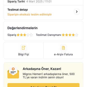 Migros Sanal Market'te Eksik Ürün Teslimatı Ve Yetersiz Müşteri Hizmetleri