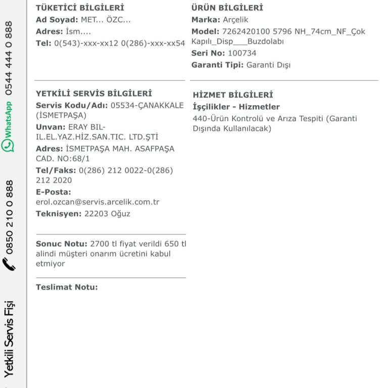 Arçelik Servisinde Yanlış Teşhis Ve Yüksek Ücret