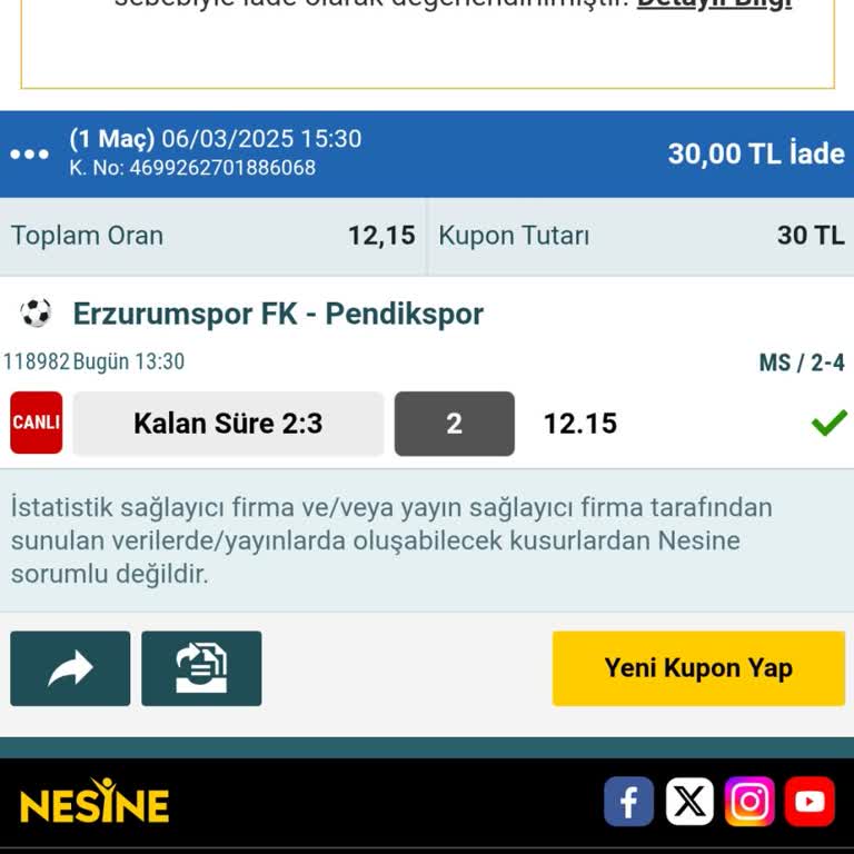 Nesine.com'da Kazanan Kuponumun İptali