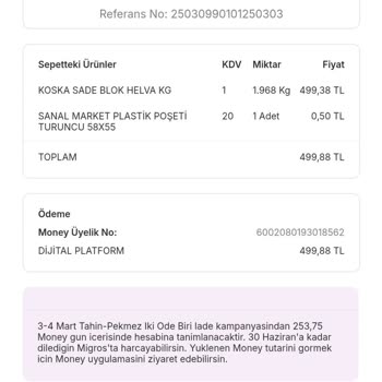 Migros Sanal Market'ten Eksik Money İadesi