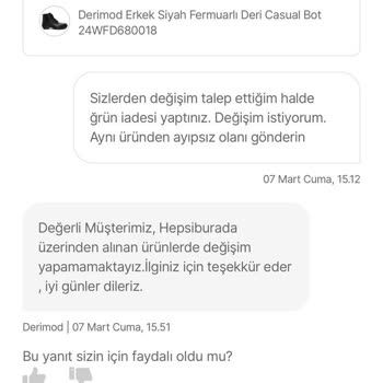 Derimod Bot Değişim Talebi Yerine Ücret İadesi Ve Fiyat Artışı