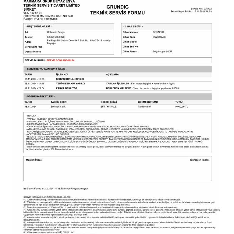 Grundig Buzdolabı Servisinde Yetersiz Tamir Ve İade Sorunu