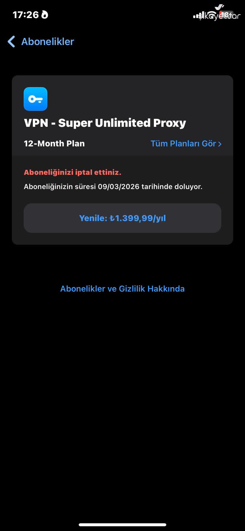 VPN Super Unlimited Proxy Ücretsiz VPN İndirdim, 1.399 TL Abonelik
