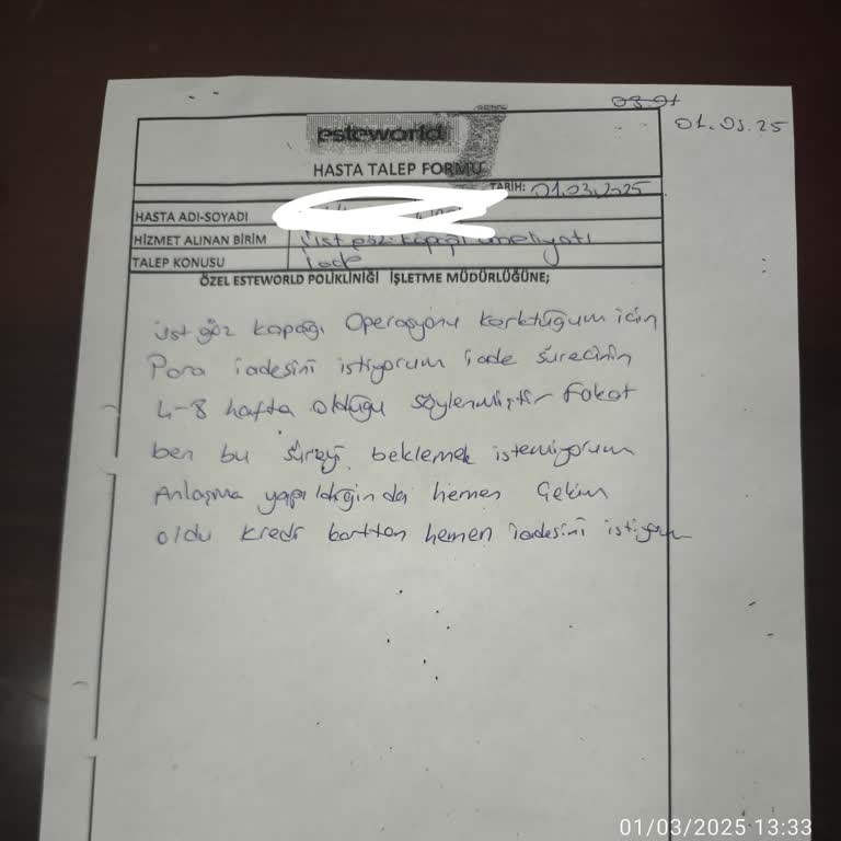 Esteworld'de Göz Kapağı Ameliyatından Vazgeçen Müşterinin İade Mücadelesi