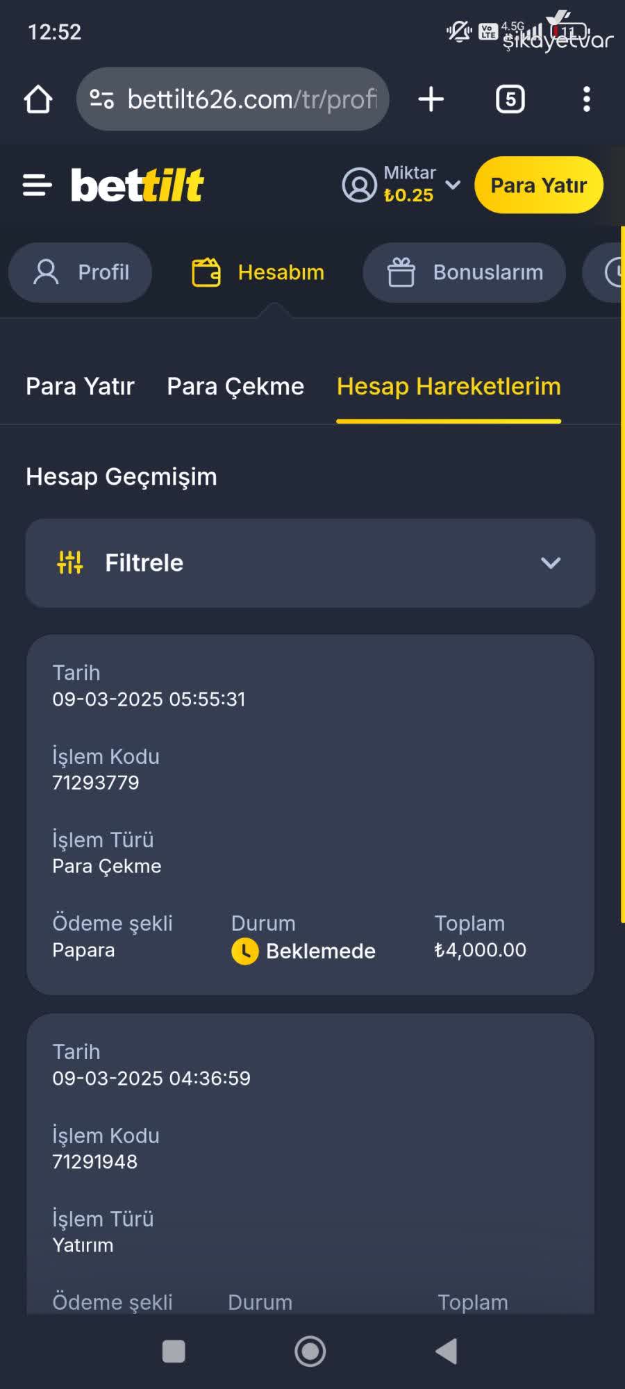 Interface do site Bettilt mostrando a seção de saques