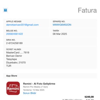 Haksız Çekim: Remini Pro Weekly Ücret İadesi Talebi