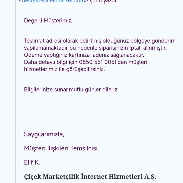 Çiçek Market'ten İptal Edilen Sipariş Ve Geri Ödeme Sorunu