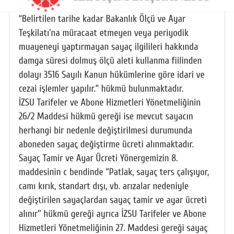 İzmir Büyükşehir Belediyesi Haksız Su Saati Ücreti