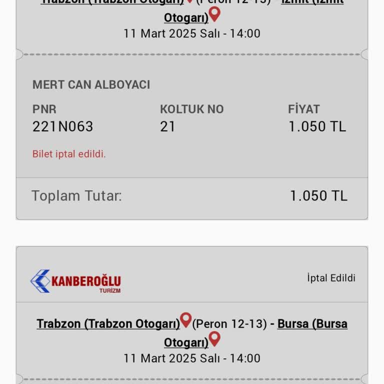İptal Edilen Otobüs Ve Geri Ödenmeyen Bilet Ücreti