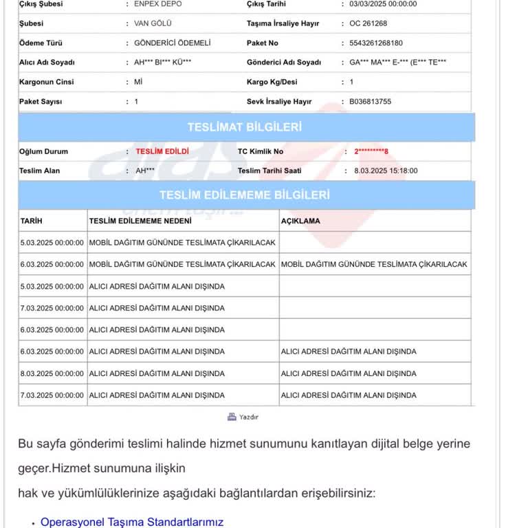 Van Gölü Aras Kargo'da Teslim Edilmeyen Kargo Sorunu