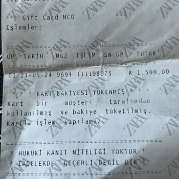 Zara Geschenkkarte 1500 ₺ Guthaben verbraucht, Lösung erforderlich