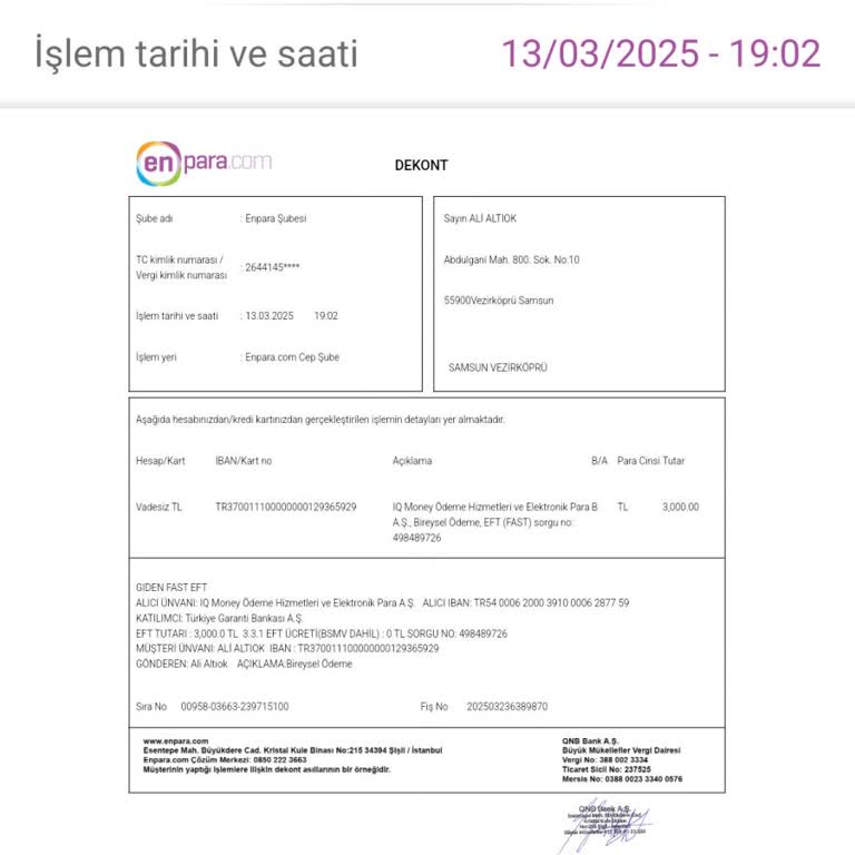 Yanlış Hesaba Gönderim Sorunu