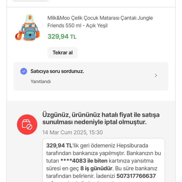 Hatalı Fiyat Nedeniyle İptal Edilen Sipariş