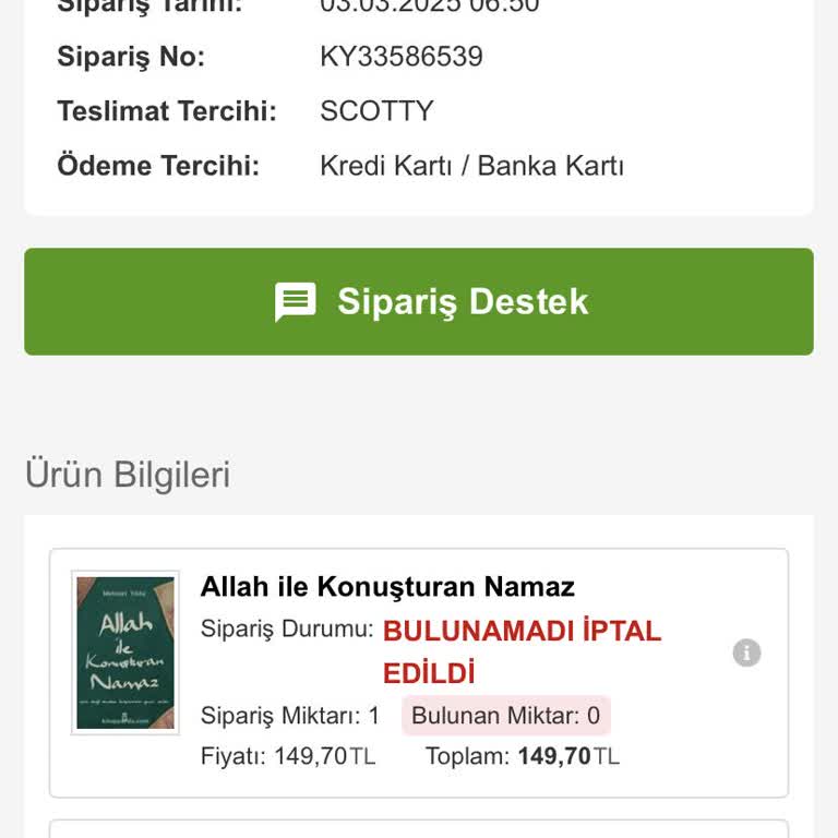 İptal Edilen Siparişin İadesi Yapılmıyor, Destek Yanıt Vermiyor