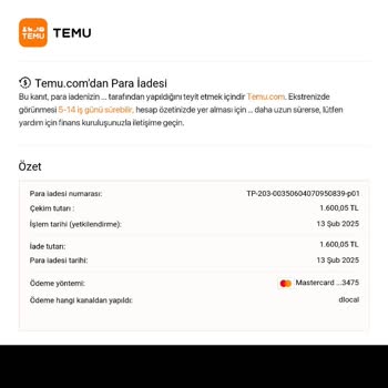 Temu Uygulamasında İptal Edilen Siparişin Para İadesi Sorunu