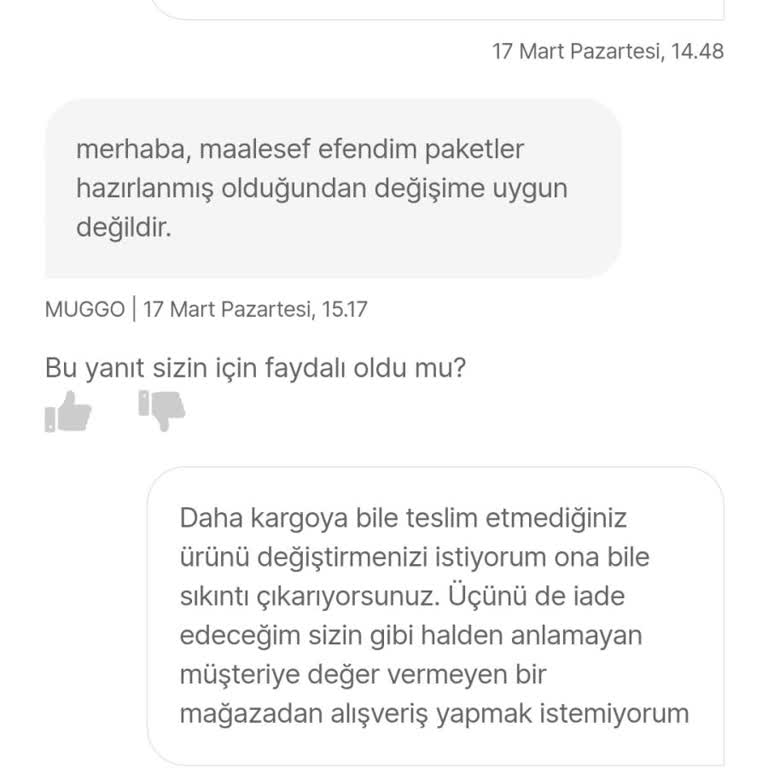 Sipariş Değişikliği Talebine Olumsuz Yanıt