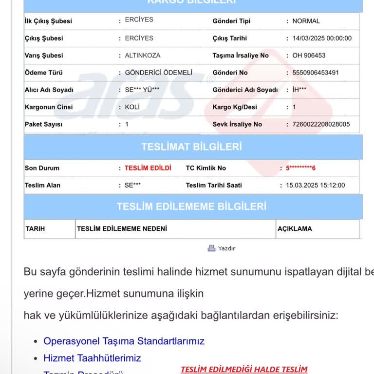 Aras Kargo Adana Şubesi Teslimat Sorunu Ve İletişimsizlik